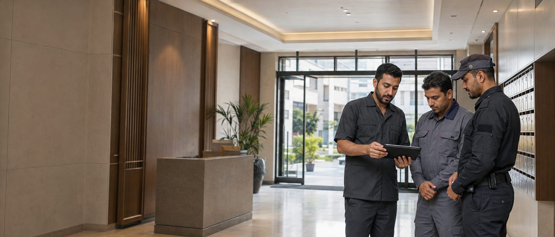 فريق تشغيل أريب العمران داخل مدخل مبنى سكني